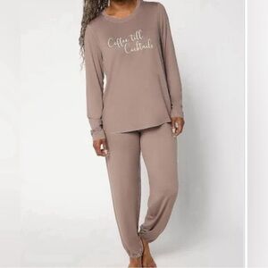 New AnyBody Lush Jersey Message Top and Joggers Set Smoky Taupe Large Petite